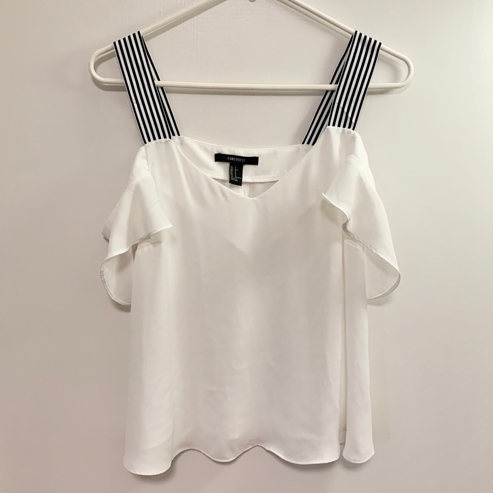 Korean Style Flowy Blouse White Blue. Size Small